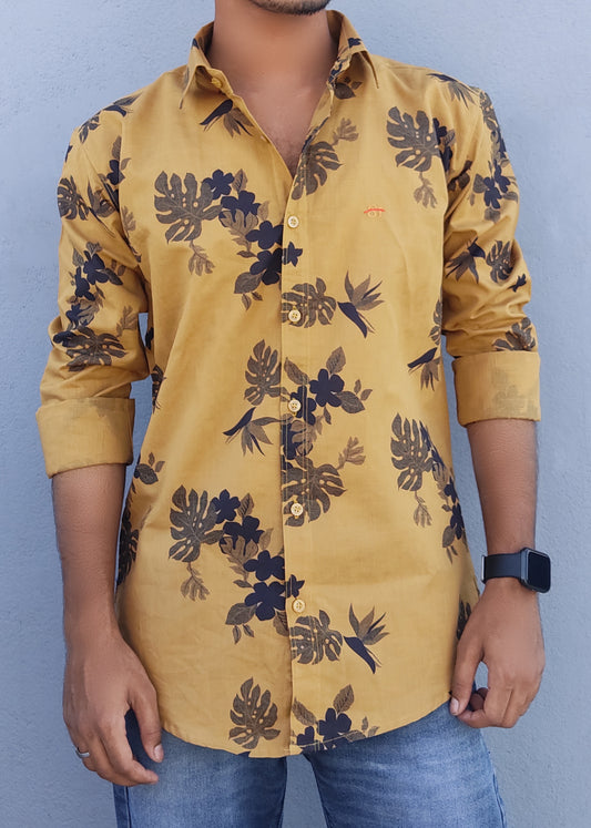Men Slim Fit Printed Spread Collar Casual Shirt (Brown Shirt Big Flower)
