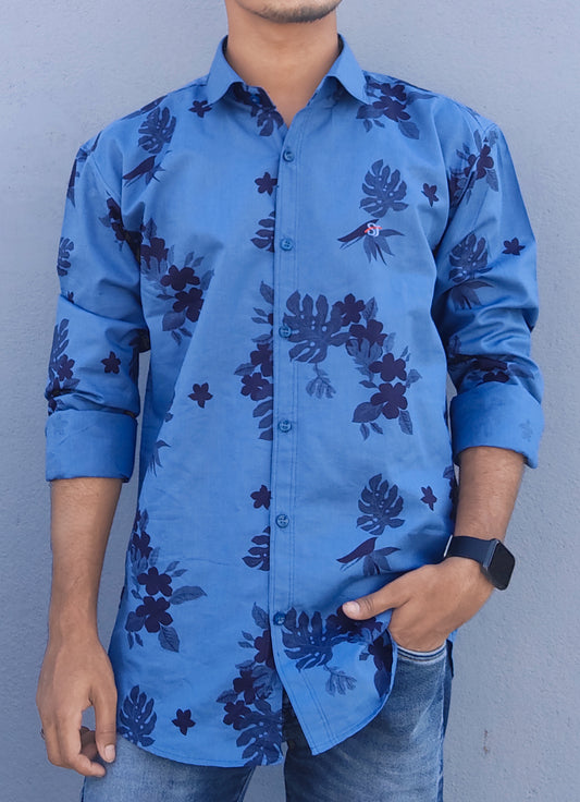 Men Slim Fit Printed Spread Collar Casual Shirt ( Color Dark Blue )