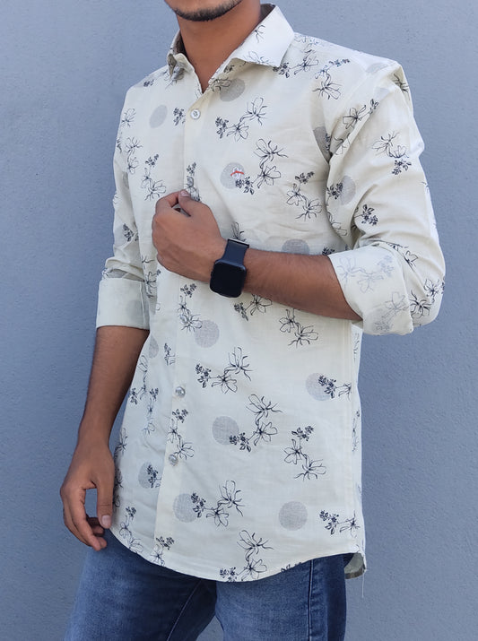 Men Slim Fit Printed Spread Collar Casual Shirt ( Color Cream ) Zabolo