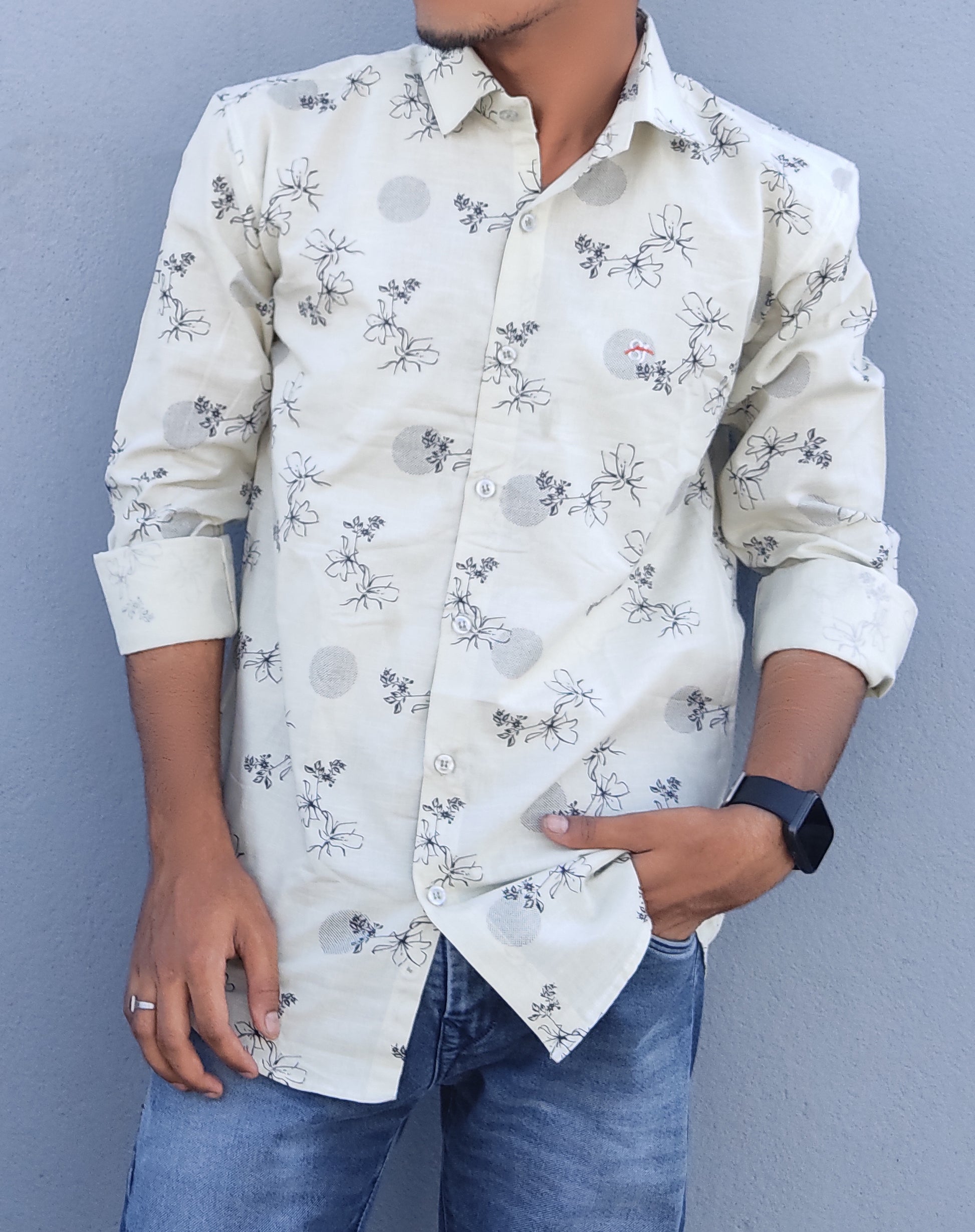 Men Slim Fit Printed Spread Collar Casual Shirt ( Color Cream ) Zabolo