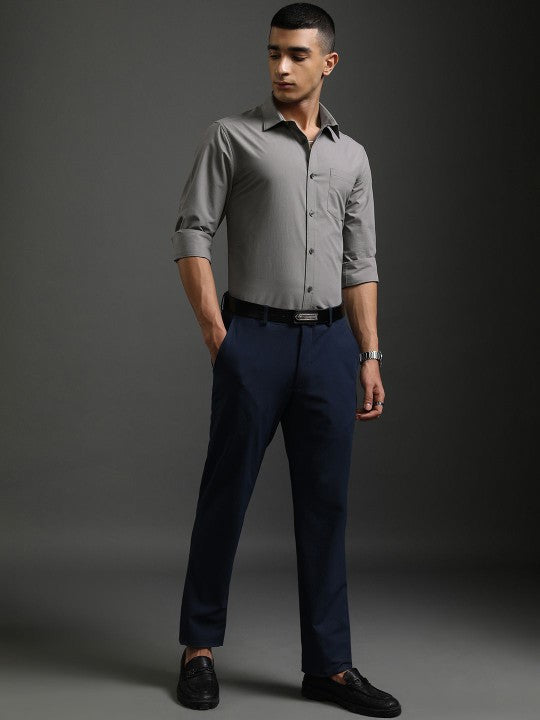 Men Spread Grey Collar Solid Cotton Slim Fit Formal Shirt Zabolo