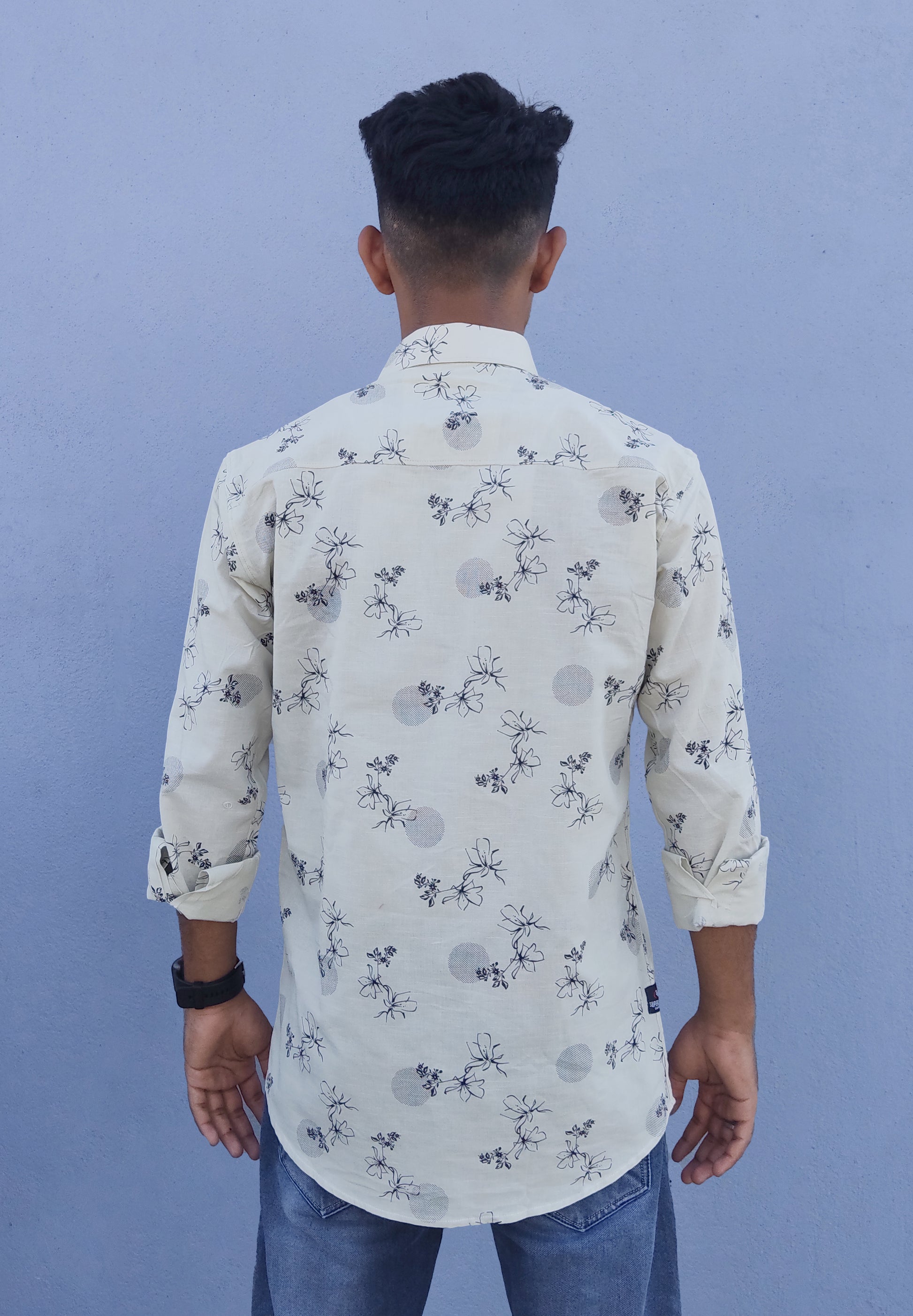 Men Slim Fit Printed Spread Collar Casual Shirt ( Color Cream ) Zabolo