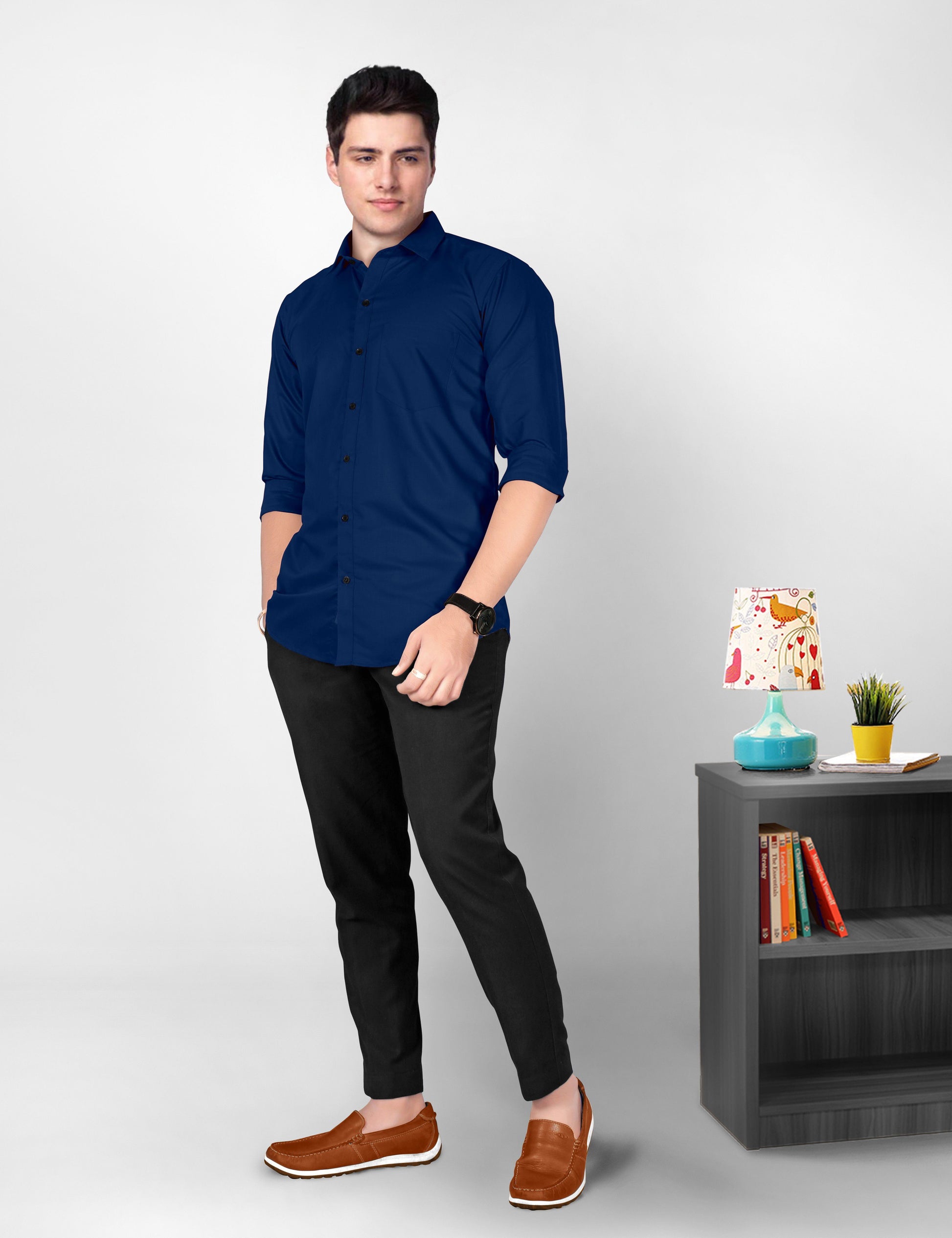 Navy Blue Formal Shirt Men Regular Fit Solid Spread Collar (Full Sleeve, Navy Blue) - Zabolo