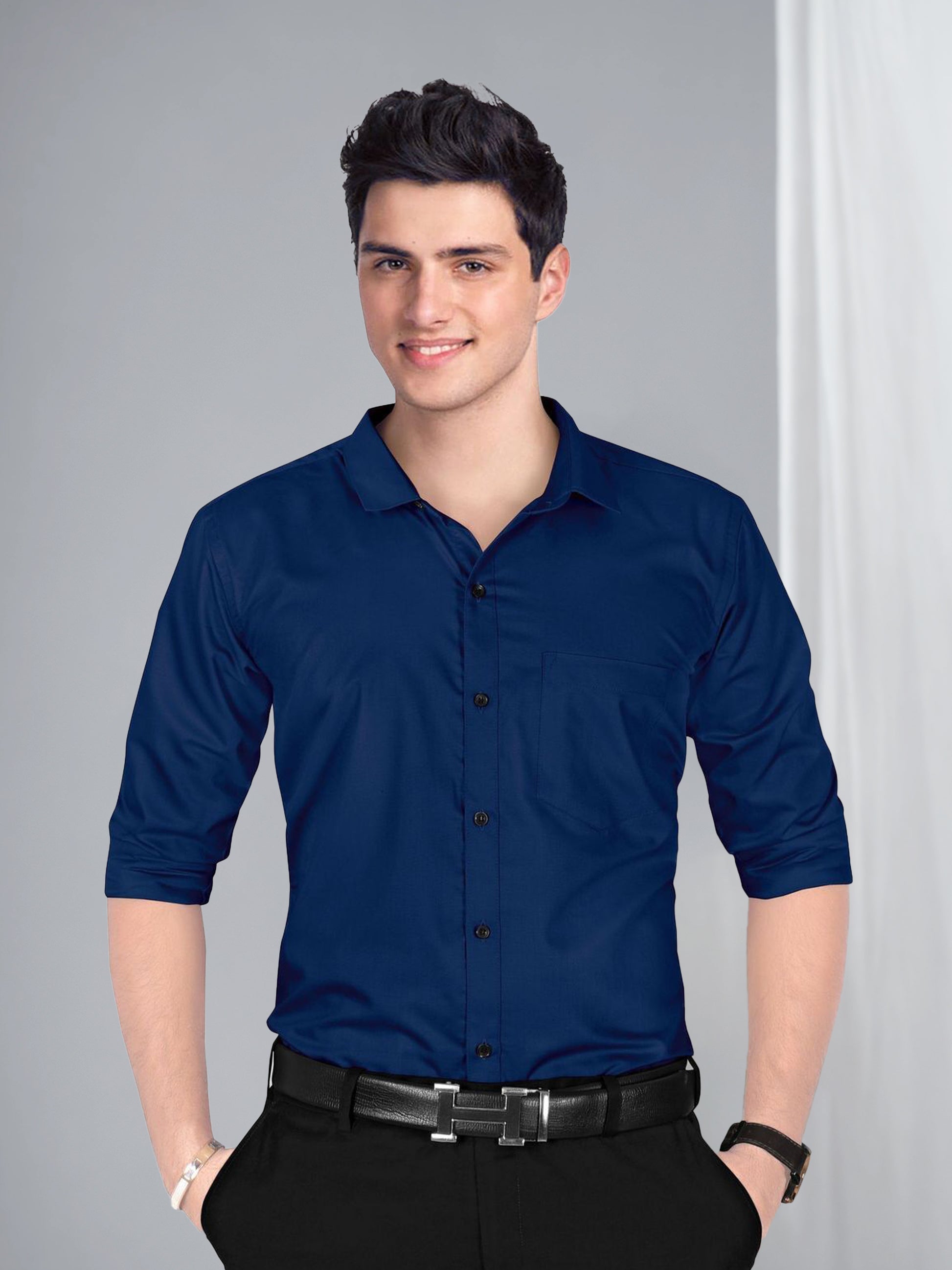 Navy Blue Formal Shirt Men Regular Fit Solid Spread Collar (Full Sleeve, Navy Blue) - Zabolo