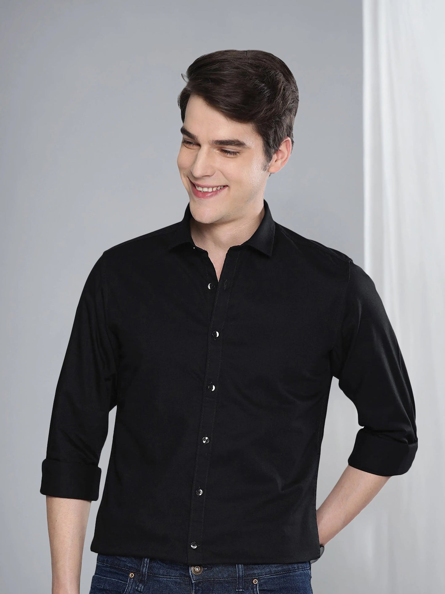 Zabolo Men Regular Fit Solid Spread Collar Formal Shirt (Full Sleeve, Black) Zabolo