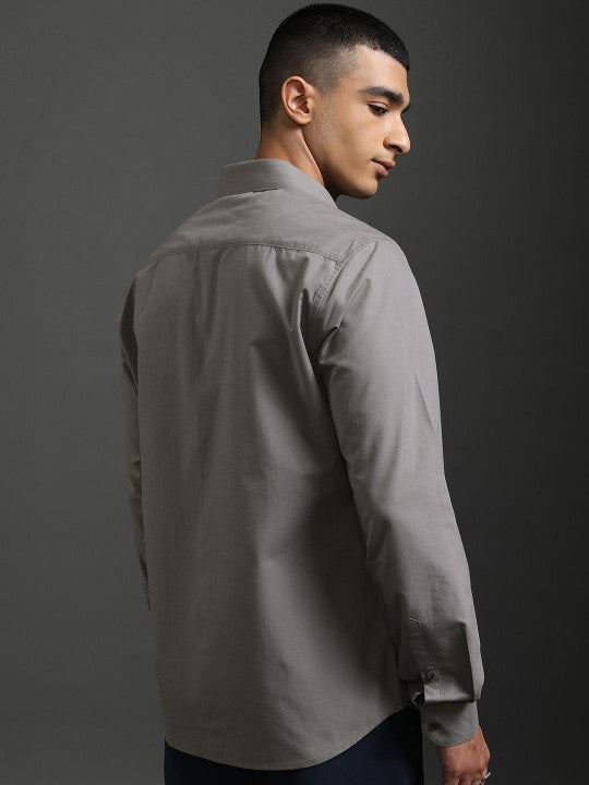 Men Spread Grey Collar Solid Cotton Slim Fit Formal Shirt Zabolo