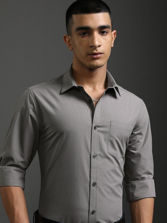 Men Spread Grey Collar Solid Cotton Slim Fit Formal Shirt Zabolo