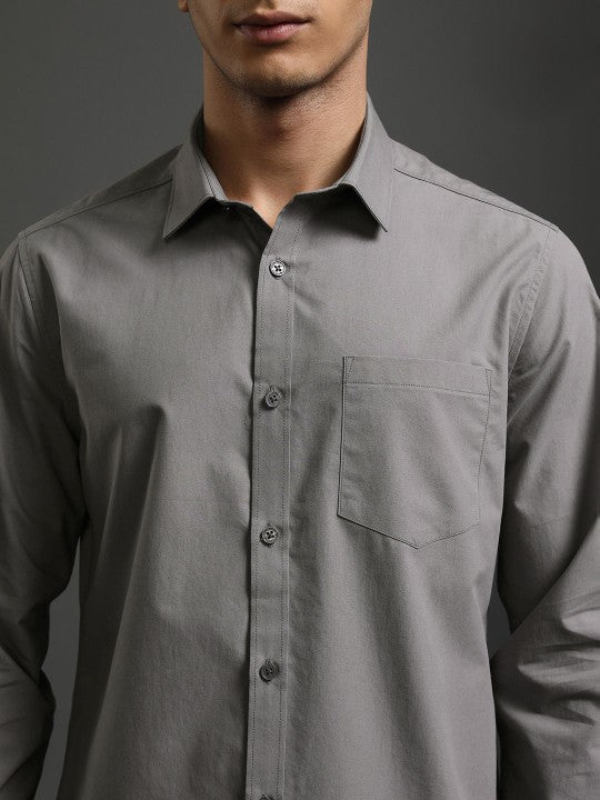 Men Spread Grey Collar Solid Cotton Slim Fit Formal Shirt Zabolo