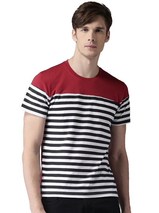 Red black White H Sleeves T-Shirt Striped Men Round Neck Red, White, Black T-Shirt