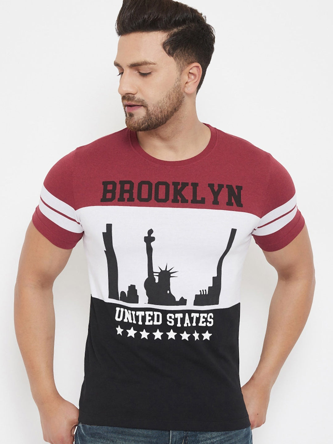 Maroon White Black Printed 3 Pannel F Sleeves T-Shirt Striped Men Round Neck White, Maroon, Black T-Shirt Zabolo