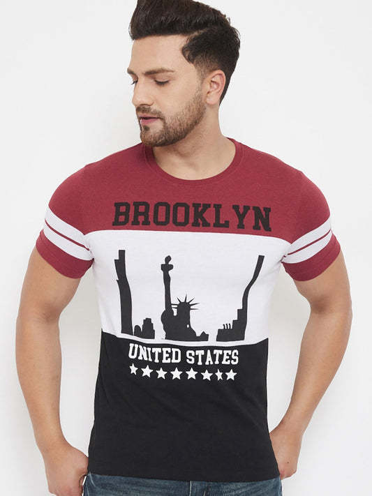 Maroon White Black Printed 3 Pannel F Sleeves T-Shirt Striped Men Round Neck White, Maroon, Black T-Shirt Zabolo