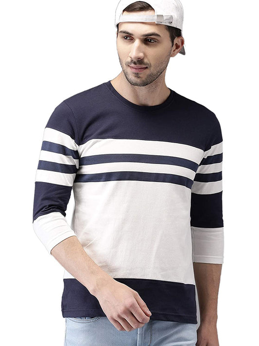 Round Neck Full Sleeves Cotton T-Shirt Striped Men Round Neck White, Blue T-Shirt