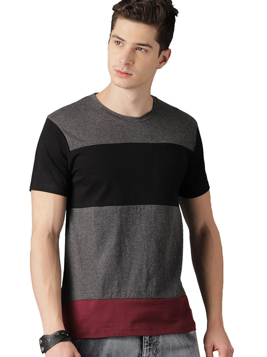 Grey Black Read H Sleeves T-Shirt Color Block Men Round Neck Multicolor T-Shirt