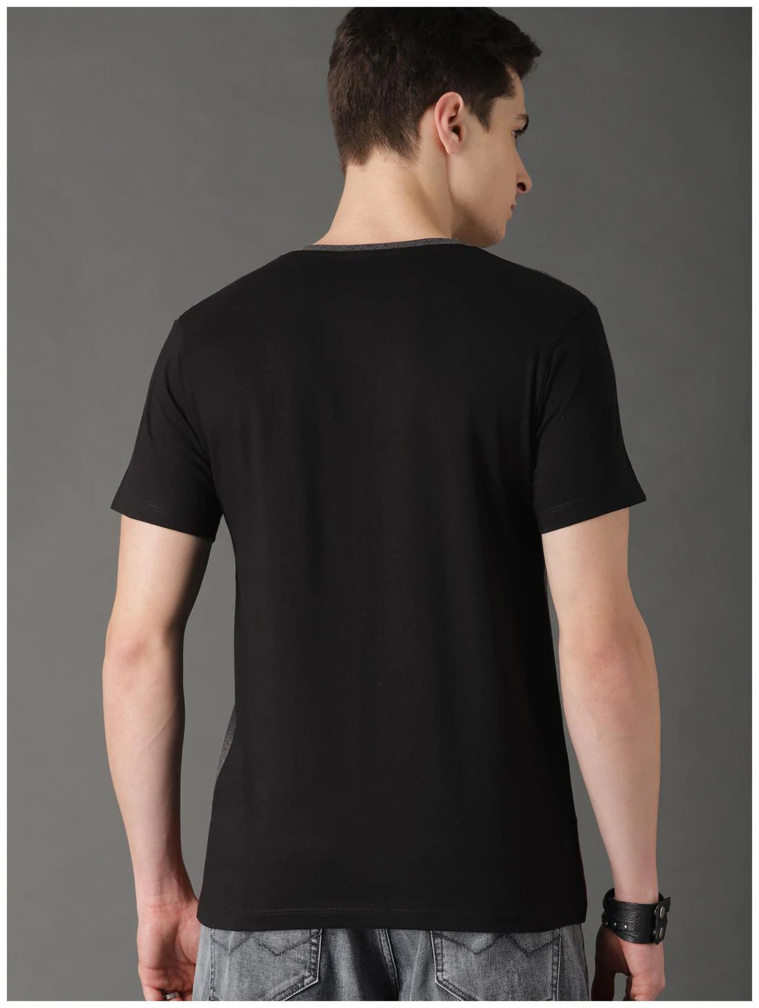 Grey Black Read H Sleeves T-Shirt Color Block Men Round Neck Multicolor T-Shirt Zabolo