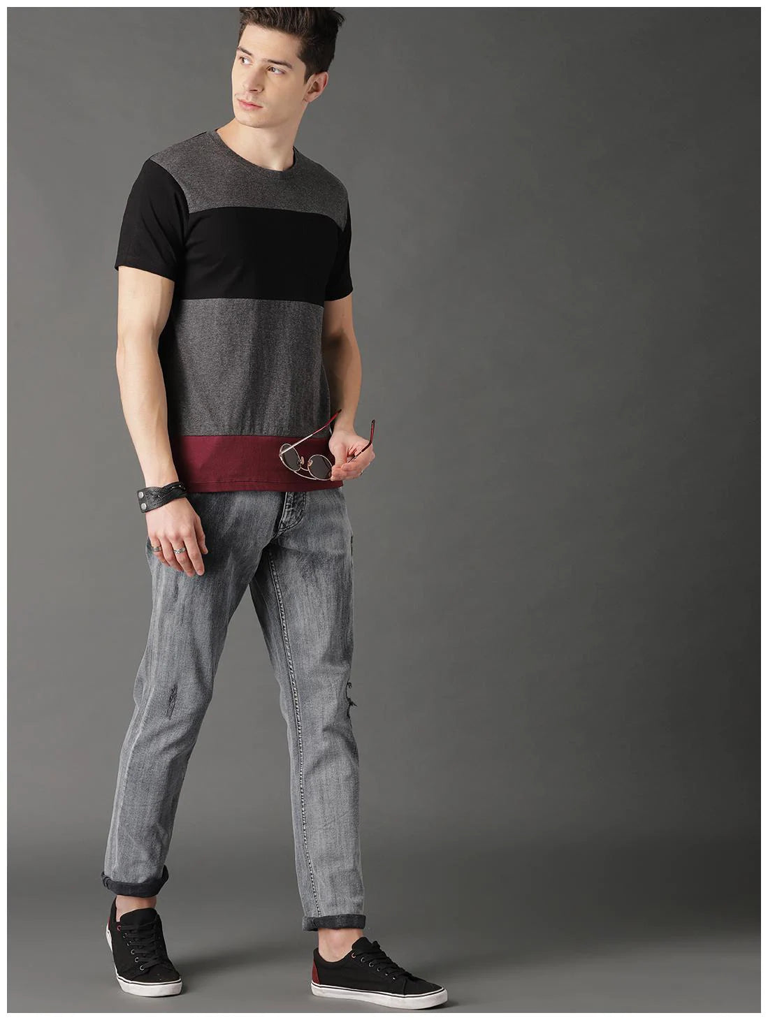 Grey Black Read H Sleeves T-Shirt Color Block Men Round Neck Multicolor T-Shirt Zabolo