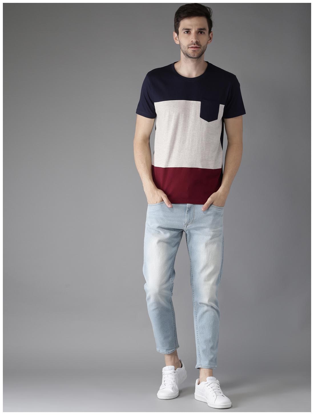 Blue white red pocket H Sleeves T-Shirt Striped Men Round Neck Red, White, Blue T-Shirt Zabolo