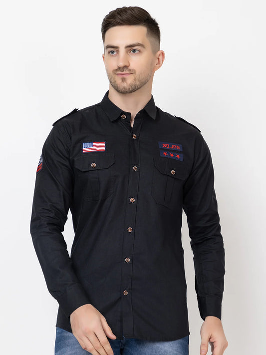 Men Slim Fit Solid Casual Shirt (Black) Zabolo