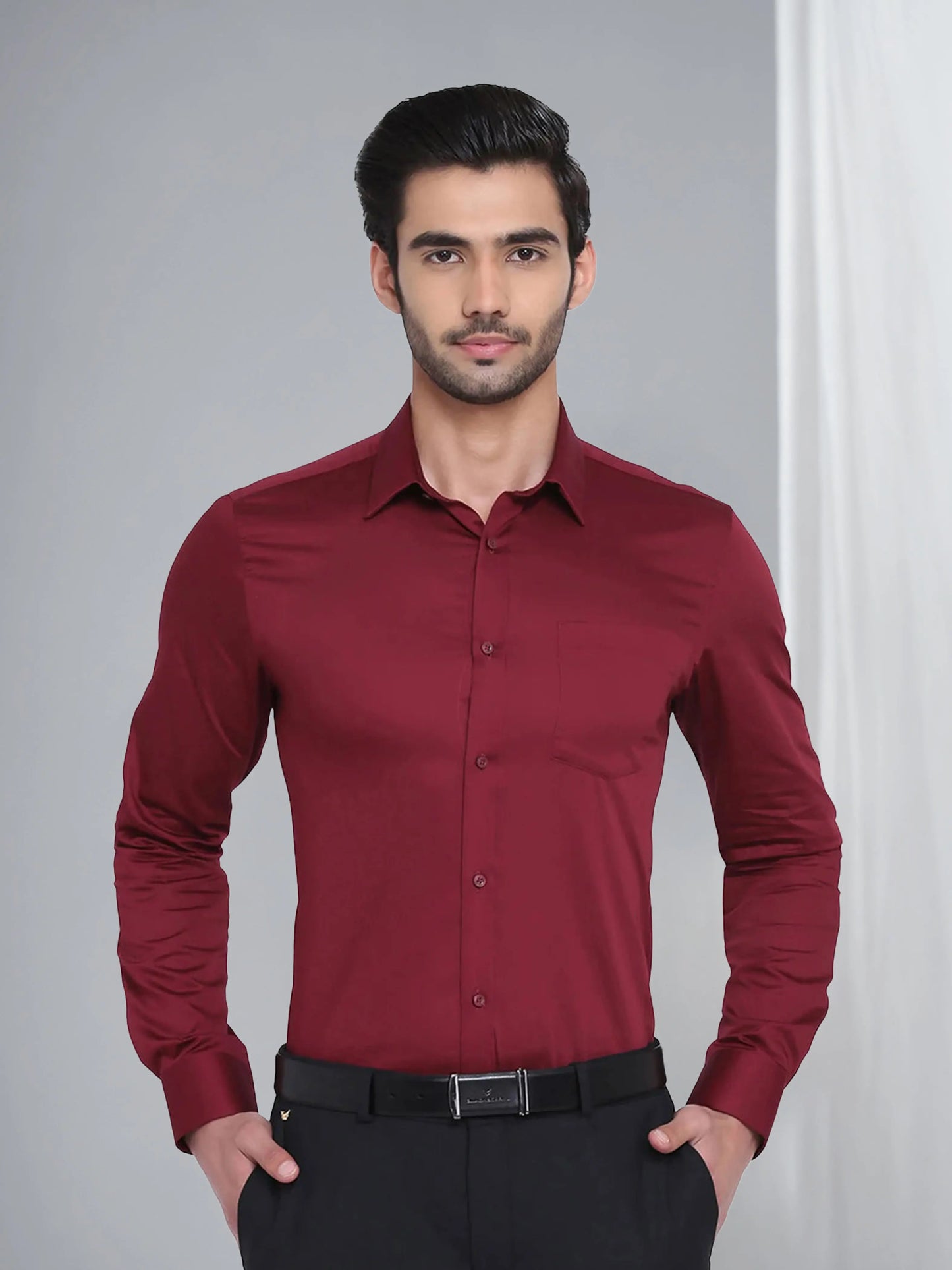 OLMA Men Regular Fit Solid Spread Collar Formal Shirt (Full Sleeve, Maroon) Zabolo