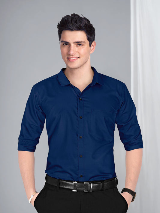 Navy Blue Formal Shirt Men Regular Fit Solid Spread Collar (Full Sleeve, Navy Blue) - Zabolo