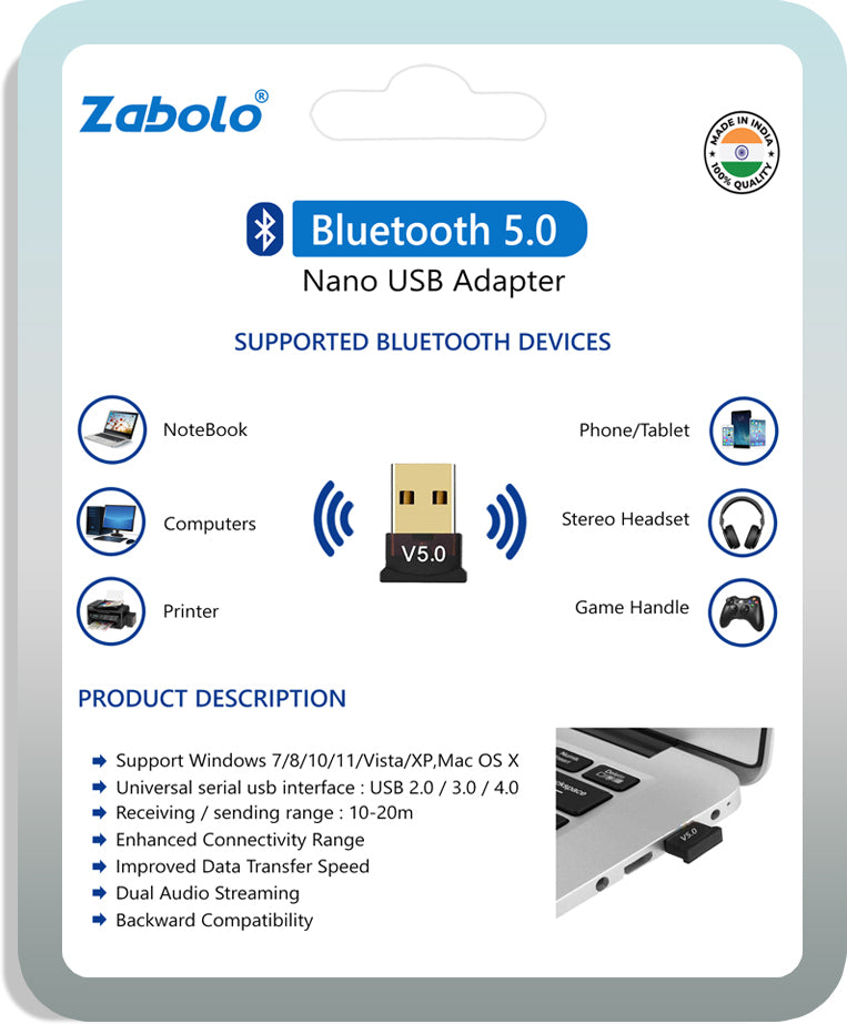 Zabolo USB Bluetooth Adapter for PC, 5.0 Bluetooth Dongle Receiver USB  Adapter (Black, Gold)