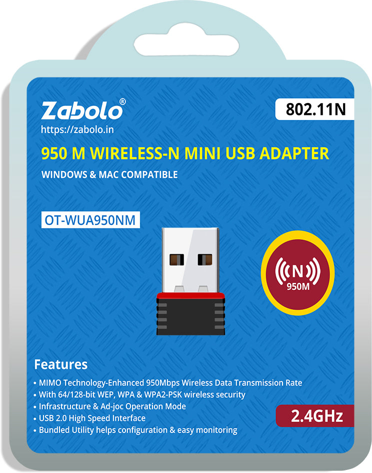 Zabolo Wifi Adapter 950 mbps USB Adapter (Black)