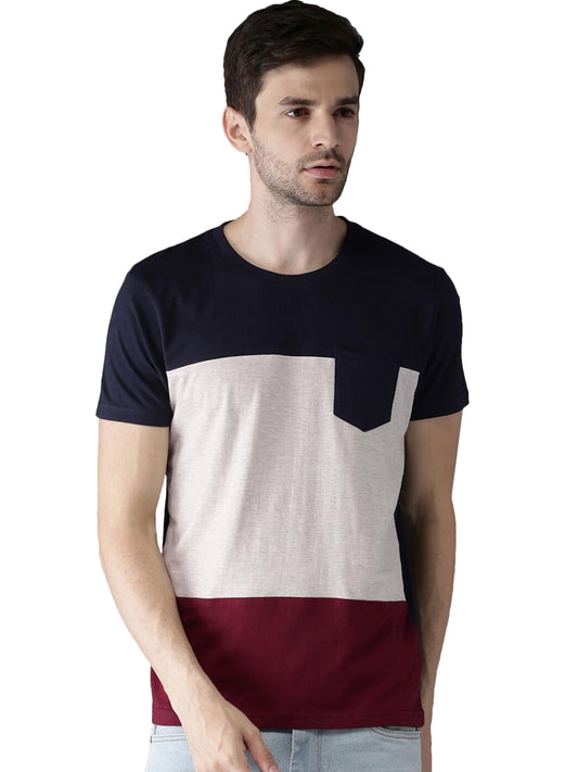 Blue white red pocket H Sleeves T-Shirt Striped Men Round Neck Red, White, Blue T-Shirt Zabolo