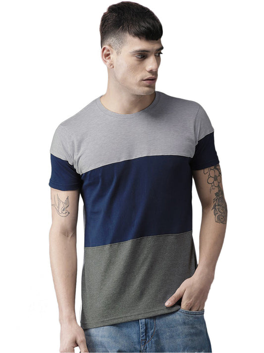 Light Gray Blue Grey Printed 3 Pannel H Sleeves T-Shirt Color Block Men Round Neck Blue, Grey T-Shirt