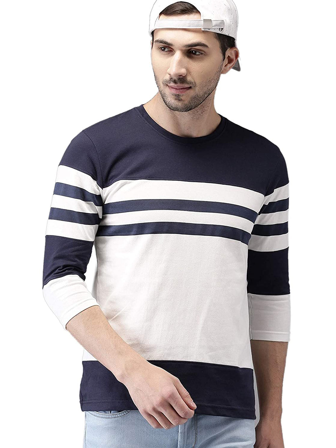 Round Neck Full Sleeves Cotton T-Shirt Striped Men Round Neck White, Blue T-Shirt Zabolo