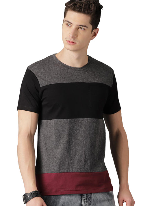 Grey Black Read H Sleeves T-Shirt Color Block Men Round Neck Multicolor T-Shirt Zabolo