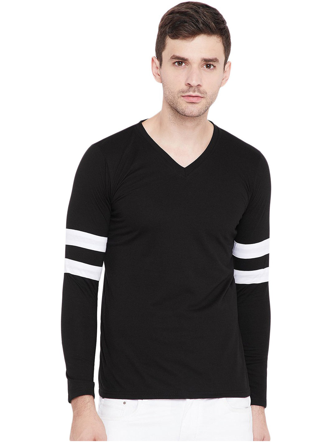 Black & White Solid Men V Neck T-Shirt Zabolo