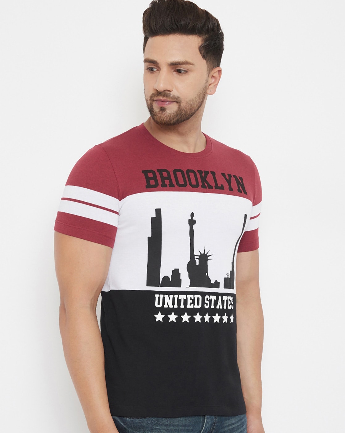 Maroon White Black Printed 3 Pannel F Sleeves T-Shirt Striped Men Round Neck White, Maroon, Black T-Shirt Zabolo