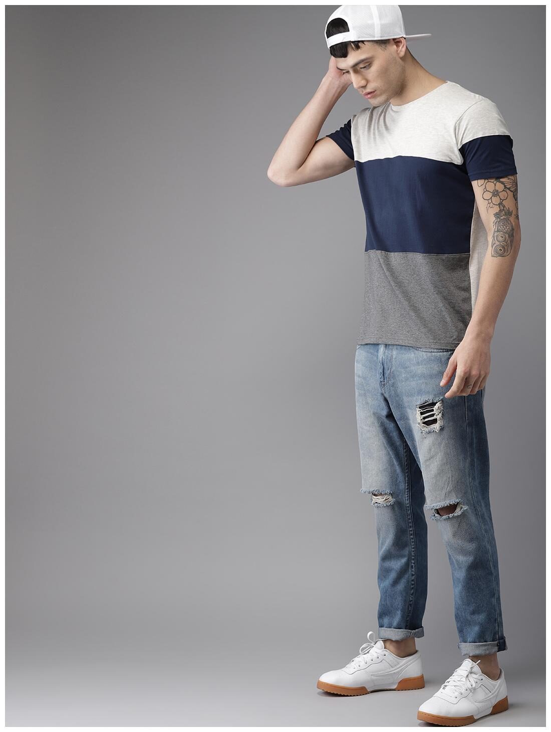 Light Gray Blue Grey Printed 3 Pannel H Sleeves T-Shirt Color Block Men Round Neck Blue, Grey T-Shirt Zabolo