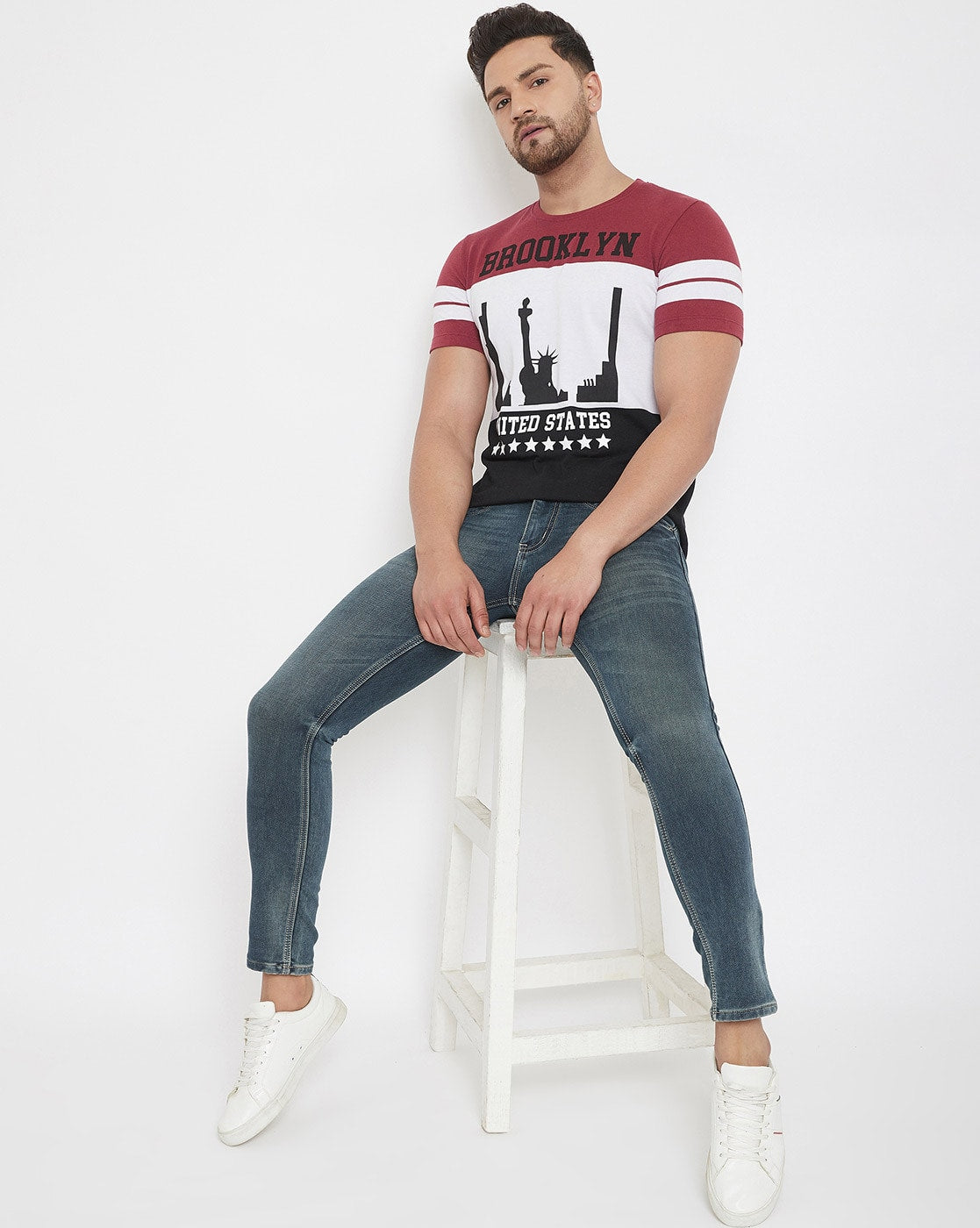 Maroon White Black Printed 3 Pannel F Sleeves T-Shirt Striped Men Round Neck White, Maroon, Black T-Shirt Zabolo