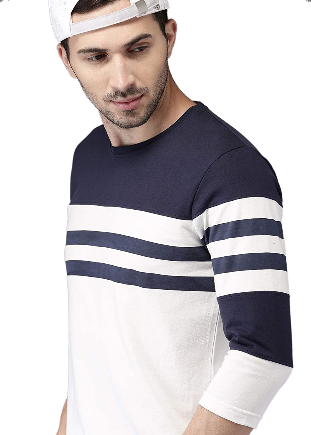 Round Neck Full Sleeves Cotton T-Shirt Striped Men Round Neck White, Blue T-Shirt Zabolo