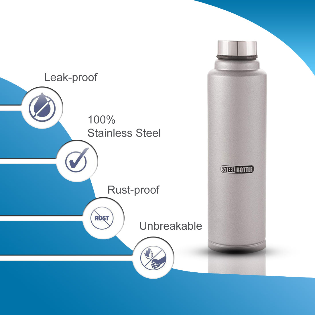 Stainless Steel Water Bottle 1000 ml Bottle  (Pack of 1, Silver, Steel) Zabolo