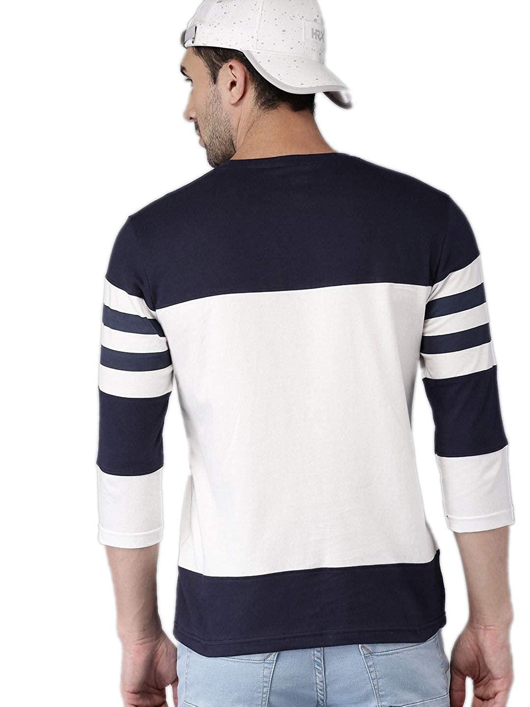 Round Neck Full Sleeves Cotton T-Shirt Striped Men Round Neck White, Blue T-Shirt Zabolo