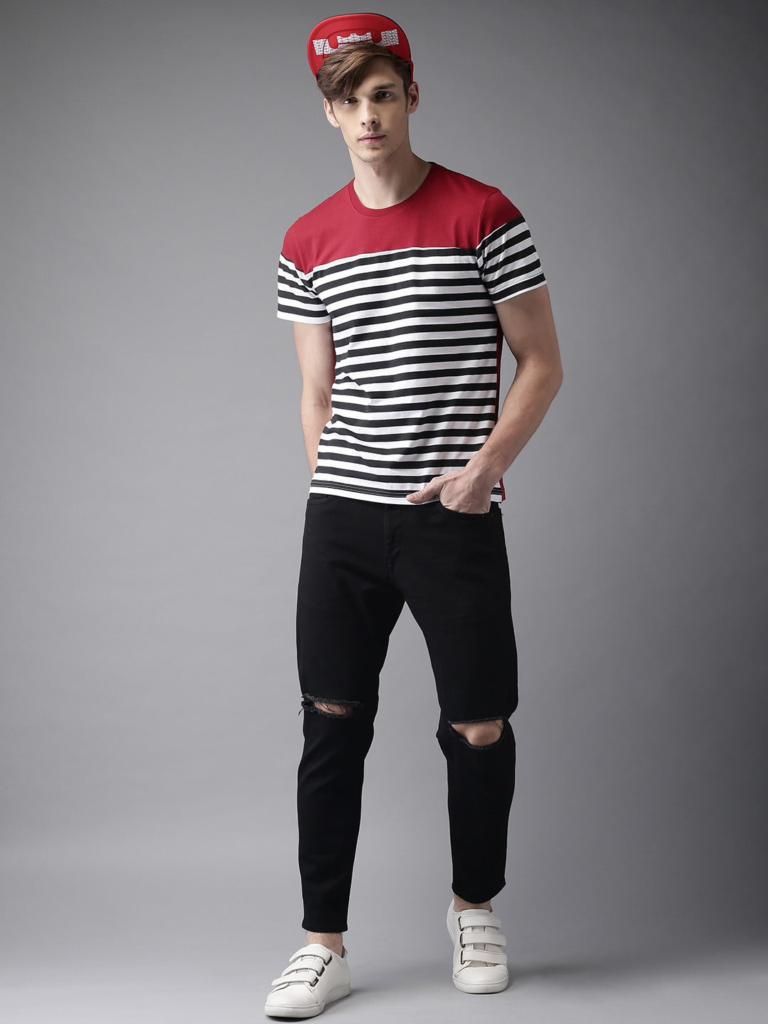 Red black White H Sleeves T-Shirt Striped Men Round Neck Red, White, Black T-Shirt Zabolo