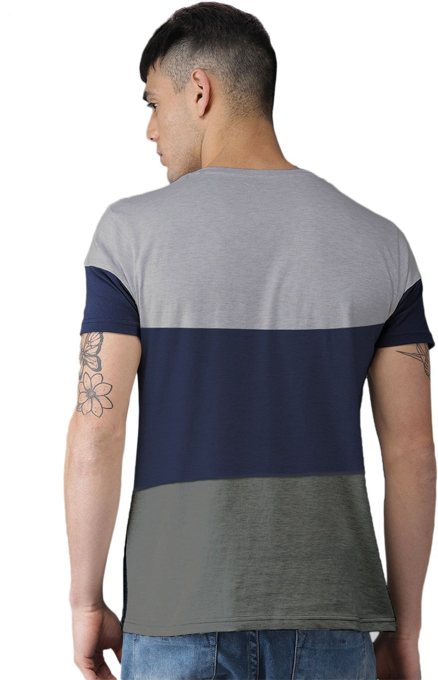 Light Gray Blue Grey Printed 3 Pannel H Sleeves T-Shirt Color Block Men Round Neck Blue, Grey T-Shirt Zabolo