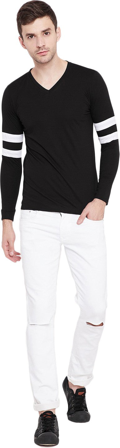 Black & White Solid Men V Neck T-Shirt Zabolo