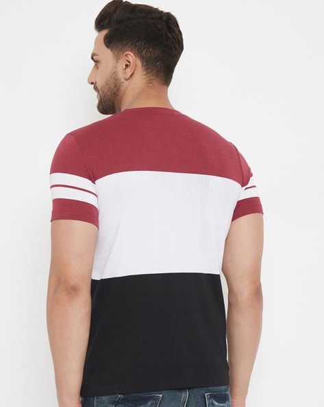 Maroon White Black Printed 3 Pannel F Sleeves T-Shirt Striped Men Round Neck White, Maroon, Black T-Shirt Zabolo