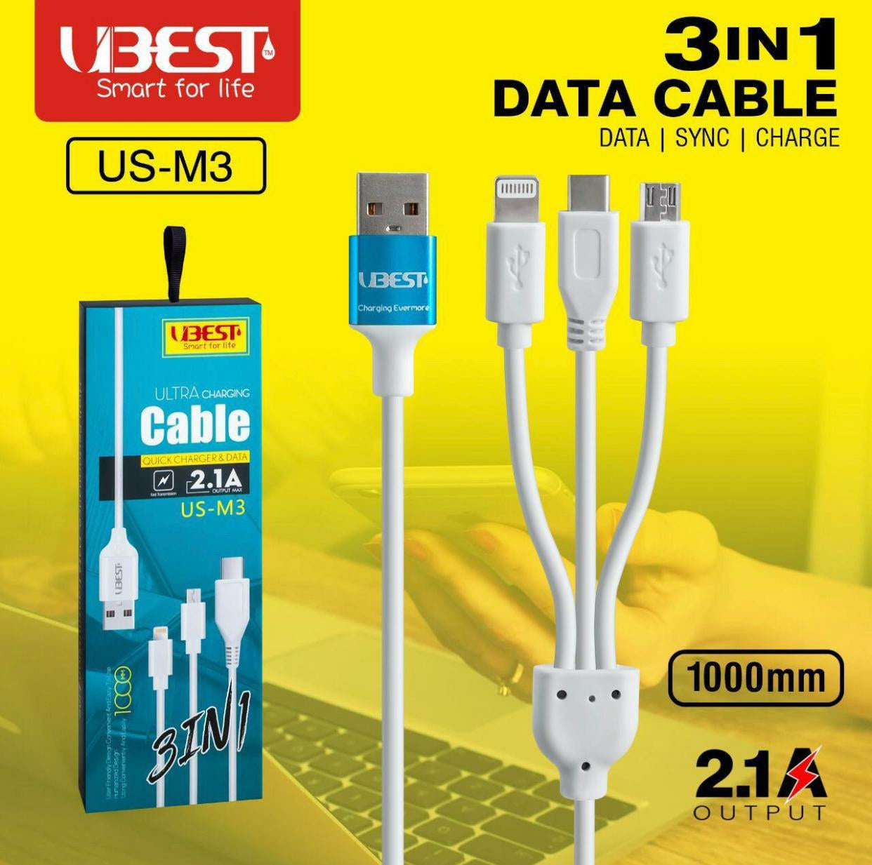 Zabolo 3 in 1 usb Data and Charging cable 1.2 m USB Type C Cable  (Compatible with Fast Charging & Sync Data Cable, White, One Cable) Zabolo